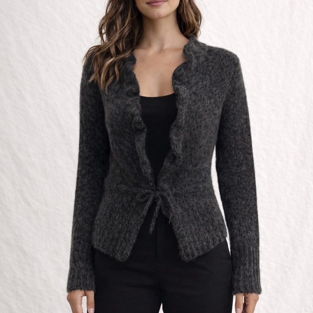 Zara Charcoal Grey Mohair Wool Cardigan L Soft Fuzzy Ruffle Trim Cozy Goth